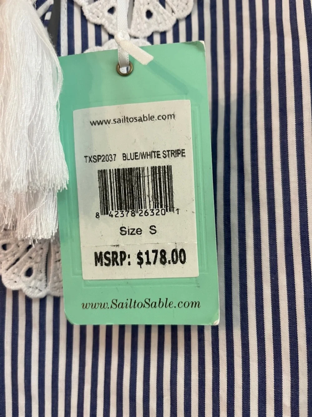 Sail to Sable chambray blue & white striped dress. Crochet trim. NWT. Size small - Picture 6 of 7